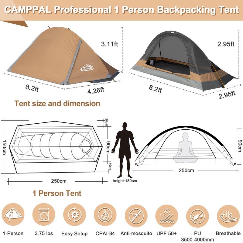 camppal 1 Person Tent for Camping Hiking Mountain Hunting Backpacking Tents 4 Season Resistance to Windproof Rainproof and Waterproof - Image 5